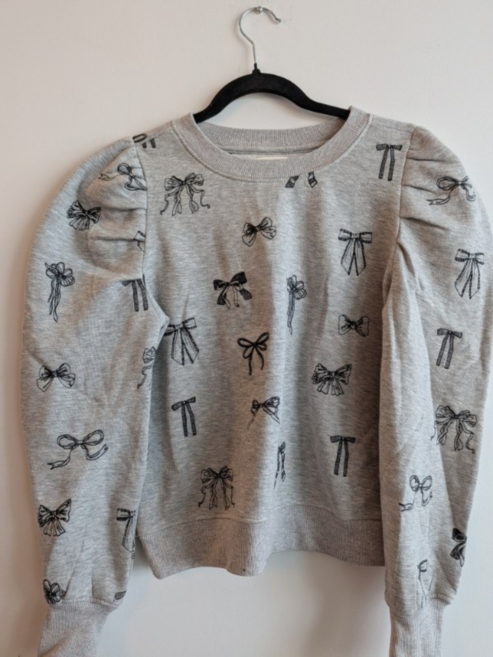Anthropologie Gray Bow-Print Puff Sleeve Sweatshirt